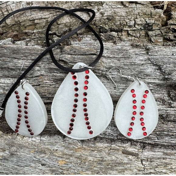 Cute Baseball Epoxy And Rhinestone Necklace  With Matching Earrings Jewelry Set - Picture 7 of 9
